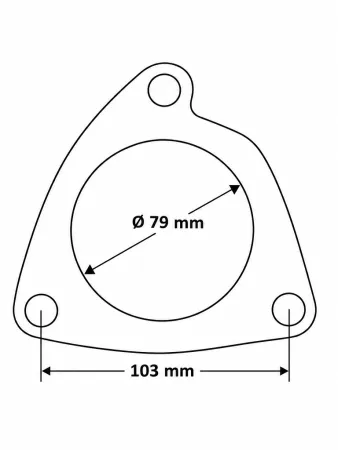 Een technische tekening van een driehoekige pakking met 3 gaten voor uitlaatsystemen. De pakking heeft drie buitenste bevestigingsgaten en een centrale opening met een diameter van 79 mm. De afstand tussen de bevestigingsgaten bedraagt 103 mm.