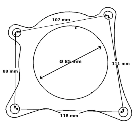 Schema van een pakking voor de 2.0 TFSI-downpipe met ronde opening (85 mm). Vier afgeronde hoeken met bevestigingsgaten. Afstanden tussen de gaten: boven 107 mm, rechts 111 mm, onder 118 mm, links 88 mm.