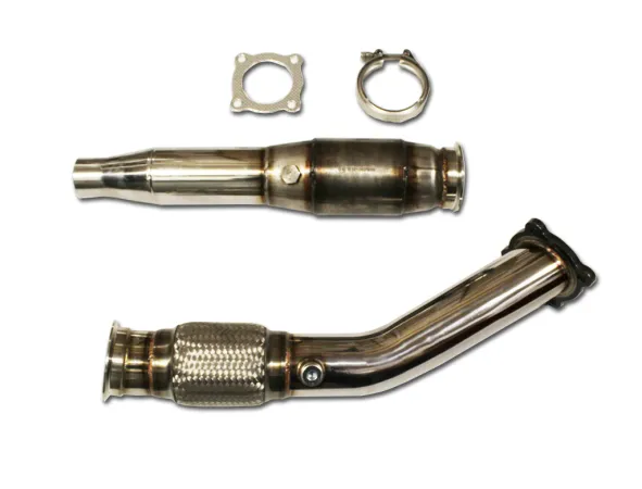 Downpipe voor Golf 4, Audi A3, Seat Leon 1.8T ø 76 mm met 200-cellen sportkatalysator met E-keurmerk, geschikt tot Euro 4, flexibele buis Interlock – roestvrij staal 55 mm
