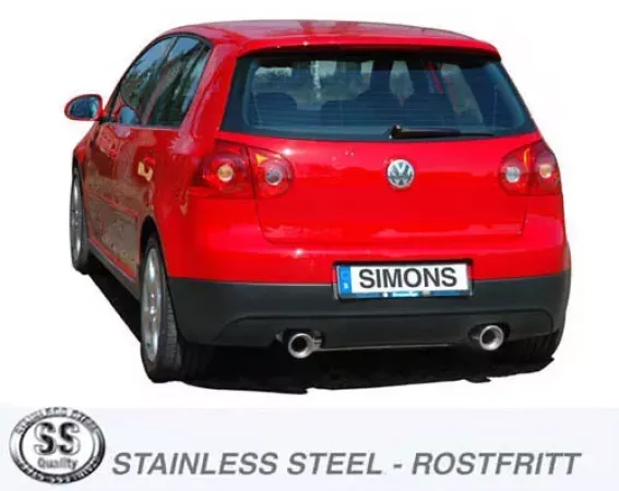 Achteraanzicht van een rode VW Golf V GTI met duplex roestvrijstalen sportuitlaatsysteem L+R. Uitlaatpijpen elk 1x100 mm gecentreerd onder de bumper. Nummerplaat met "Simons. Stainless Steel" logo op de voorgrond.