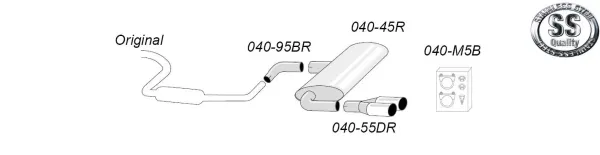 Een schematische weergave van een Simons sportuitlaatsysteem voor de Audi A3 (8P). Het systeem bestaat uit roestvrijstalen pijpen, een achterdemper met twee 80 mm uitlaatpijpen, bevestigingsaccessoires en een logo voor roestvrijstalen kwaliteit.