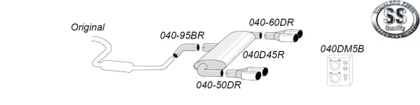 Afbeelding van een roestvrijstalen Simons sportuitlaatsysteem voor Golf V GTi/GTi Edition 30 2.0TFSi. Schematische weergave van demper, pijpen en duplex uitlaatpijpen 2x80mm. Met montagemateriaal/klemmen. EG-goedkeuring.
