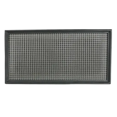Rechthoekig RamAir Sport luchtfilterinzetstuk met zwart rubberen frame en zilverkleurig RVS rooster. Daarachter dubbellaags, olievrij schuim voor optimale luchttoevoer en filtratie. OEM-vervanging voor Golf 4, Audi A3/TT/S3 en Seat Leon.