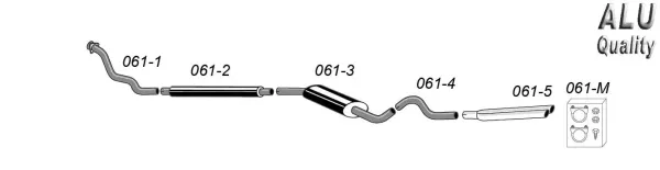 Schets van een Simons sportuitlaatsysteem voor SAAB 900 Turbo, bestaande uit pijpsegmenten, een demper en twee uitlaatpijpen (2x 57 mm). Het systeem is verdeeld in vijf genummerde onderdelen. Er wordt ook een doos met bevestigingsmateriaal getoond.
