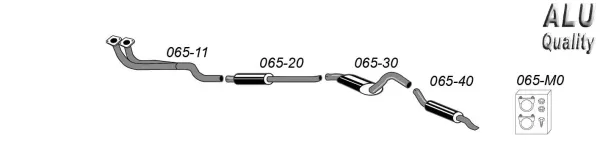 Het Simons sportuitlaatsysteem voor SAAB 99 2.0 met dubbele flens wordt schematisch weergegeven. Het gealuminiseerde uitlaatsysteem met pijpen en dempers wordt getoond met artikelnummers en accessoires.