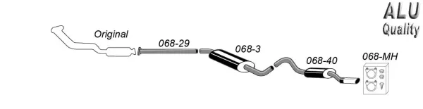 Schets van een Simons sportuitlaatsysteem, bestaande uit pijpen en dempers. Onderdelen genummerd 068-29, 068-3, 068-40 en 068-MH, met accessoires. Op één onderdeel staat "Original". Rechtsboven "ALU Quality".