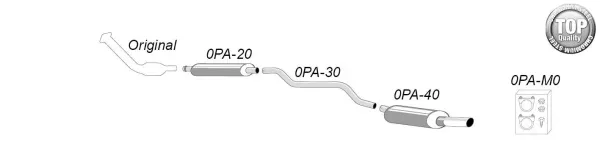 De afbeelding toont een schematisch diagram van een Simons sportuitlaatsysteem van chroomstaal voor een Peugeot 406. Het systeem bestaat uit pijpen en twee dempers (OPA-20 en OPA-40) en montagemateriaal (OPA-MO).