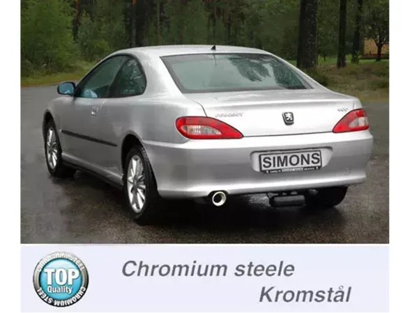 Achteraanzicht van een zilverkleurige Peugeot 406 Coupé met Simons chroomstalen sportuitlaat. De uitlaat is rond en heeft een diameter van 100 mm. Op de kentekenplaat van de auto staat het opschrift "Simons".