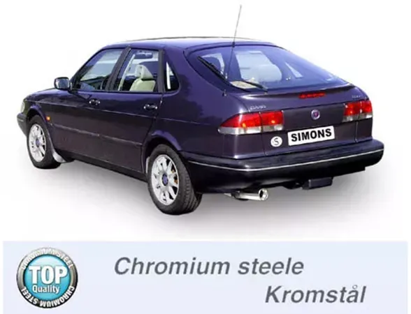 Achteraanzicht van een donkerblauwe SAAB 900i coupé/convertible met gemonteerde Simons chroomstalen sportuitlaat, uitlaat 90mm. Nummerplaat met Simons belettering. Onderstaande tekst over chroomstaal kwaliteit.