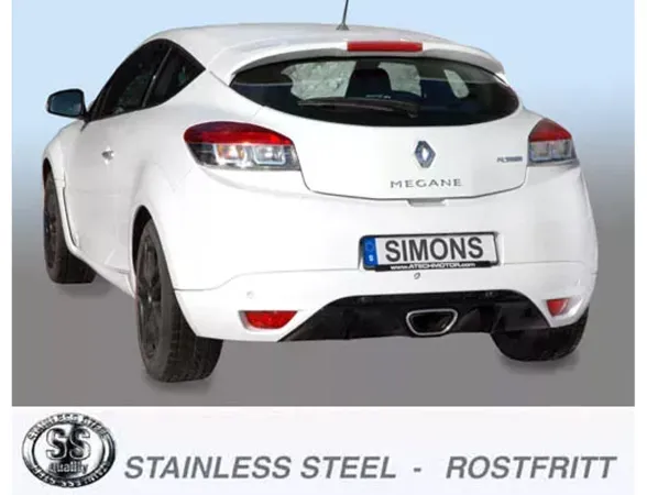 Achteraanzicht van een witte Renault Mégane III RS. Op de kentekenplaat staat het opschrift "SIMONS". In het midden is een enkele, ovale, roestvrijstalen sportuitlaat zichtbaar. Onder de auto staat "STAINLESS STEEL - ROSTFRITT".