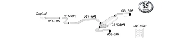 Schematische weergave van een Simons roestvrijstalen duplex sportuitlaatsysteem voor de Mazda 3 MPS MK2, bestaande uit pijpen, een demper en twee uitlaatpijpen met een diameter van 114 mm. De afzonderlijke elementen zijn gelabeld.