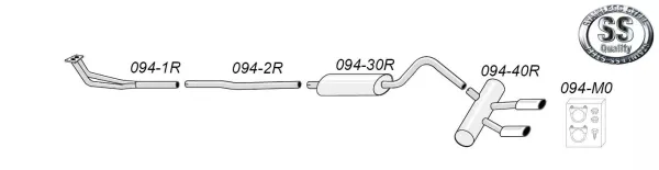 Op de foto zie je een roestvrijstalen duplex sportuitlaat van Simons voor de Opel GT 1900 met pijpen, demper, twee uitlaatpijpen en bevestigingsmateriaal. De onderdelen zijn genummerd, met het Simons logo bovenaan.