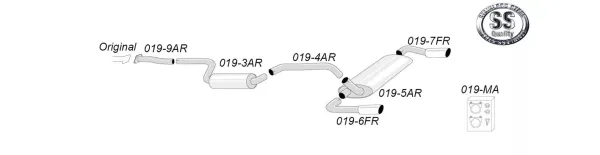 Schematisch diagram van een Simons roestvrijstalen sportuitlaatsysteem voor de Ford Focus ST, bestaande uit pijpen, een demper en uitlaatpijpen. Er wordt ook een montagekit getoond. De onderdelen zijn gelabeld met nummers.