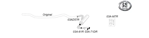 Schets van een Simons roestvrijstalen sportuitlaatsysteem met twee uitlaatpijpen. Het systeem wordt getoond vanaf de zijkant, inclusief de bevestigingselementen. Het logo van de fabrikant Simons Edelstahl is ook te zien.