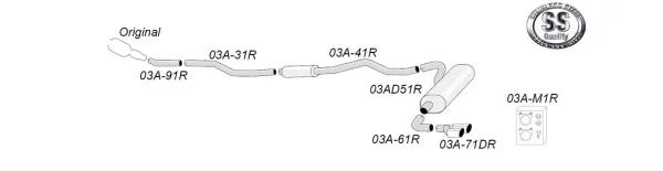 Schematisch diagram van het Simons sportuitlaatsysteem voor BMW F30 320i/328i. De illustratie toont de pijpleiding van de achterkant van de auto naar de uitlaatpijpen, inclusief onderdelen zoals dempers en connectors. Onderdeelnummers genoteerd.