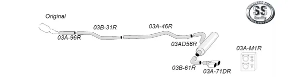 De Simons sportuitlaat voor BMW F34 GT 318D, 320D is weergegeven als technische tekening. De afbeelding toont het uitlaatsysteem van roestvrij staal met 2x 80mm uitlaatpijpen, inclusief bevestigingsmateriaal en klemmen. Het Simons logo is ook afgebeeld.