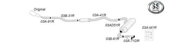 Een schema van een Simons roestvrijstalen sportuitlaatsysteem voor BMW F34 GT 320i. Het schema toont het verloop van de pijpen en de onderdelen van het uitlaatsysteem met uitlaatpijpen, inclusief accessoires en montagemateriaal.
