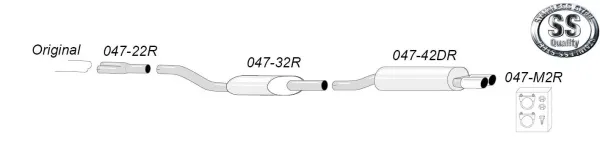Schets van een Simons roestvrijstalen sportuitlaatsysteem voor Audi S4 Quattro C4. Je ziet pijpen en demper, genummerd 047-22R, 047-32R, 047-42DR. Beugel 047-M2R en logo "Stainless Steel Quality".
