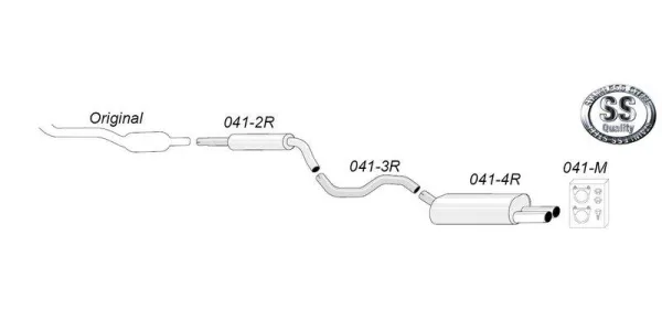 De afbeelding toont een schematische weergave van een Simons roestvrijstalen sportuitlaatsysteem voor Audi A3 (8L). Het systeem bestaat uit meerdere onderdelen, incl. uitlaat en bevestigingsmateriaal. Het logo "SS Stainless Steel Quality" staat erop.