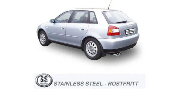 Een zilverkleurige Audi A3 (8L) van achteren, met zichtbaar Simons sportuitlaatsysteem, bestaande uit twee uitlaatpijpen met elk een diameter van 80 mm. Op de kentekenplaat staat de naam "Simons". Op de voorgrond is het logo voor roestvrij staal te zien.