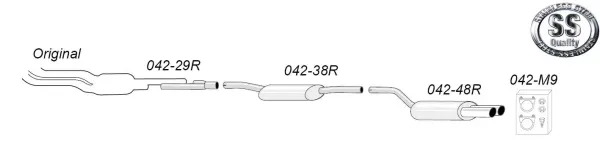Schematische weergave van een Simons RVS sportuitlaatsysteem voor Audi A4 (B5). Het systeem is van links naar rechts opgebouwd en bestaat uit pijpen, absorptiedempers en uitlaatpijpen. Accessoires en RVS kwaliteitslogo zijn afgebeeld.