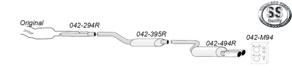 Schets van een Simons roestvrijstalen sportuitlaatsysteem. Het systeem bestaat uit verschillende pijpen en dempers, die gelabeld zijn met nummers. Rechtsboven staat een logo met "SS Stainless Steel Quality". Rechtsonder zijn montagematerialen te zien.