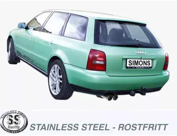 Groene Audi A4 Avant (B5) Quattro van achteren, met Simons roestvrijstalen sportuitlaatsysteem 2x80 mm. De auto staat op een lichtgekleurde ondergrond. Kentekenplaat met fabrikantopschrift Simons. Sportuitlaatsysteem met dubbele uitlaat links.