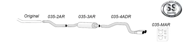 Schema van een Simons roestvrijstalen sportuitlaatsysteem voor BMW E81/E87 120d met pijpen en demper. Uitlaatpijpen 2x80 mm. Accessoirekit met klemmen, schroeven en moeren. Roestvrijstalen kwaliteitslogo" rechtsboven.