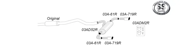 Schematisch diagram van een Simons Duplex sportuitlaatsysteem voor BMW F30: langwerpige pijp, rechthoekige demper en twee uitlaatpijpen van elk 90 mm. Afzonderlijke onderdelen met productcodes. Simons Logo afgebeeld.