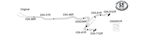 Schema van een Simons roestvrijstalen sportuitlaatsysteem voor BMW F30/F31, duplex uitlaat 2x 80 mm. Het uitlaatsysteem is gelabeld en wordt weergegeven in afzonderlijke elementen met productcodes. Accessoires en logo worden ook getoond.
