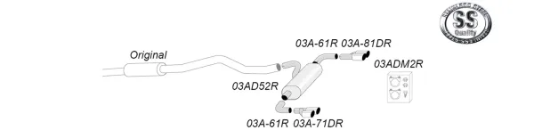 Schematische weergave van het Simons roestvrijstalen duplex sportuitlaatsysteem. De schets toont het pijpsysteem met twee uitlaatpijpen van 80 mm diameter en bevestigingsmateriaal. Opstelling voor BMW F30.