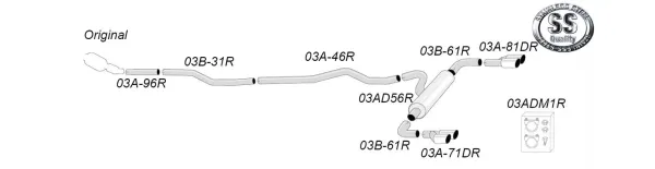Schema van een Simons roestvrijstalen duplex sportuitlaatsysteem, bestaande uit pijpen en een demper. De uitlaatpijpen zijn duplex met 2x 80mm diameter. Het systeem is geschikt voor een BMW F34 GT 318D, 320D.