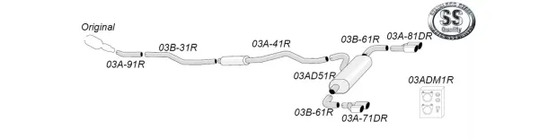 Schema van een Simons roestvrijstalen duplex sportuitlaatsysteem voor BMW F34 GT 320i, bestaande uit pijpen, verbindingsstukken en twee uitlaatpijpen. Het systeem is voorzien van nummers om de afzonderlijke onderdelen te identificeren.
