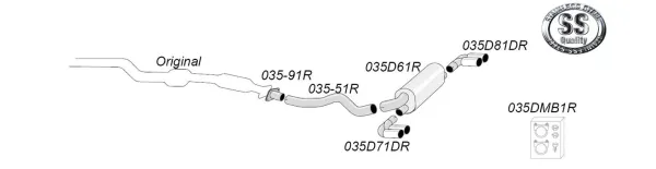 De afbeelding toont een schematische voorstelling van het Simons roestvrijstalen sportuitlaatsysteem Duplex 2x90 mm voor BMW E82 1 Serie M Coupé. Je ziet pijpwerk, een demper, twee uitlaatpijpen en montagemateriaal, elk gelabeld met artikelnummers.