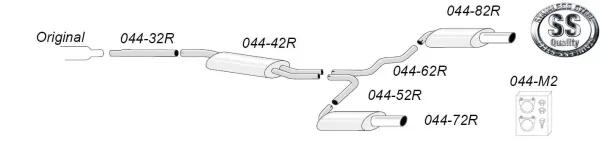 Afbeelding: schematisch diagram van een Simons Duplex sportuitlaatsysteem (roestvrij staal) voor Audi A4 (B6). Te zien: Pijpen, demper en montagemateriaal met productnummers. Logo "SS Quality".