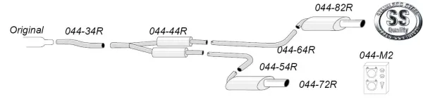 De afbeelding toont een schematische voorstelling van het Simons RVS sportuitlaatsysteem Duplex L+R 1x100 mm voor Audi A4 (B6) Quattro sedan/Avant/stationwagon 1.8 T, met pijpen, 2 achterdempers, verbinding en montagemateriaal.