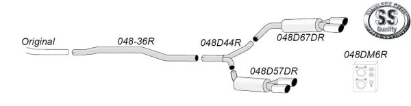 De afbeelding toont schematisch een Simons RVS sportuitlaatsysteem in duplex-uitvoering. Pijpen, achterdemper met twee uitlaatpijpen, bevestigingsmateriaal en een logo "SS Quality" zijn afgebeeld. Voor Audi A4 (B8).