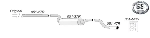 Technische tekening van een Simons sportuitlaatsysteem met achterdemper, verbindingspijp en montagemateriaal voor Ford Focus RS MK1. De onderdelen zijn genummerd. Er is ook een Simons logo afgebeeld.