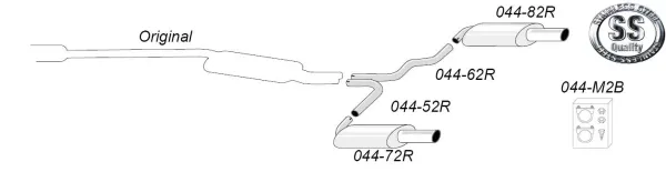 Een schematische weergave van een Simons roestvrijstalen sportdemper Duplex L+R voor Audi A4 (B6). De afzonderlijke onderdelen en pijpleidingen van het uitlaatsysteem worden getoond, aangevuld met materiaallabels en montagemateriaal.