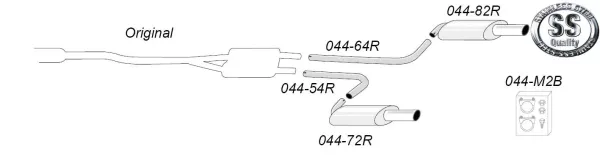 Schets van een Simons Duplex sportuitlaatsysteem voor Audi A4 (B6) Quattro met twee uitlaatpijpen (1x100 mm L+R), pijpen, demper, bevestigingsmateriaal en 'Stainless Steel Quality'-logo. Schematische tekening van het uitlaatsysteem.