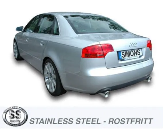 Zilveren Audi A4 (B7) sedan/van/stationwagon 1.8T/2.0TFSI met Simons Duplex L+R sportuitlaat aan de achterkant. Twee uitlaatpijpen van elk 100 mm. Opschrift "Simons". Simons-Logo op de voorgrond.