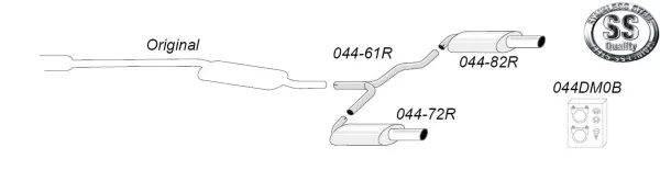 Schematische tekening van een duplex sport achterdemper L+R 2x100 mm van Simons voor Audi A4 (B6). Toont originele onderdeel, nieuwe aansluitpijp, achterdemper en materiaalbox voor montage. Met roestvrijstalen logo.