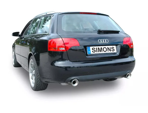 Zwarte Audi A4 (B7) Avant van achteren. Nummerplaat "Simons". Roestvaststalen sportdemper duplex L+R 2x100 mm is gemonteerd en zichtbaar. De uitlaatpijpen zijn gemaakt van roestvrij staal en hebben een diameter van 100 mm.
