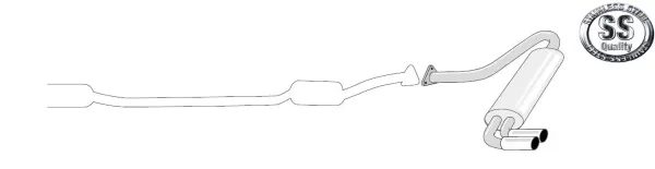 Schets van een Simons sport achterdemper voor Audi S2, gemaakt van roestvrij staal. Twee uitlaatpijpen, verbonden met een pijp die naar een demper leidt. Aan de voorkant een verbindingsstuk met de rest van de uitlaat. Roestvrijstalen kwaliteitslogo.