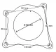 Schema van een pakking voor de 2.0 TFSI-downpipe met ronde opening (85 mm). Vier afgeronde hoeken met bevestigingsgaten. Afstanden tussen de gaten: boven 107 mm, rechts 111 mm, onder 118 mm, links 88 mm.