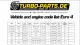 Gedetailleerde tabel van Turbo-parts.de met voertuig- en motorcodes voor de downpipe met Euro 4 ECE-goedkeuring. Het toont Volkswagen, Seat, Audi en Skoda modellen met 1.8T motoren, hun bouwjaren, motorcodes, vermogen in kW en OBD compatibiliteit.