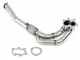 Glimmende roestvrijstalen Downpipe 70mm voor Opel Calibra Turbo. Met flexibel gevlochten deel en sensoraansluiting. Twee ronde openingen met flens en 6 boutgaten aan het brede uiteinde. Inclusief twee afdichtingen.