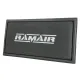Rechthoekig RamAir Sport luchtfilter inzetstuk van donkergrijs, dubbellaags schuim met wit RAMAIR logo. Stevig, donkergrijs rubberen frame voor verbeterde luchttoevoer en filterprestaties, geschikt voor Golf 4, Audi A3, Seat Leon.