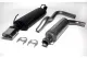 De foto toont een Simons chroomstalen sportuitlaatsysteem voor SAAB 9-3 Aero Ver. II, bestaande uit een zwarte achterdemper met vierkante 70x140mm chromen uitlaat, pijpen en bevestigingsmateriaal. Het materiaal is chroomstaal.