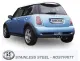 Achteraanzicht van een blauwe Mini Cooper S R53 met gemonteerde Simons sportuitlaat. De roestvrijstalen uitlaat met twee ronde 80 mm uitlaatpijpen is in het midden onder de bumper geplaatst. Op de kentekenplaat staat het opschrift "Simons".